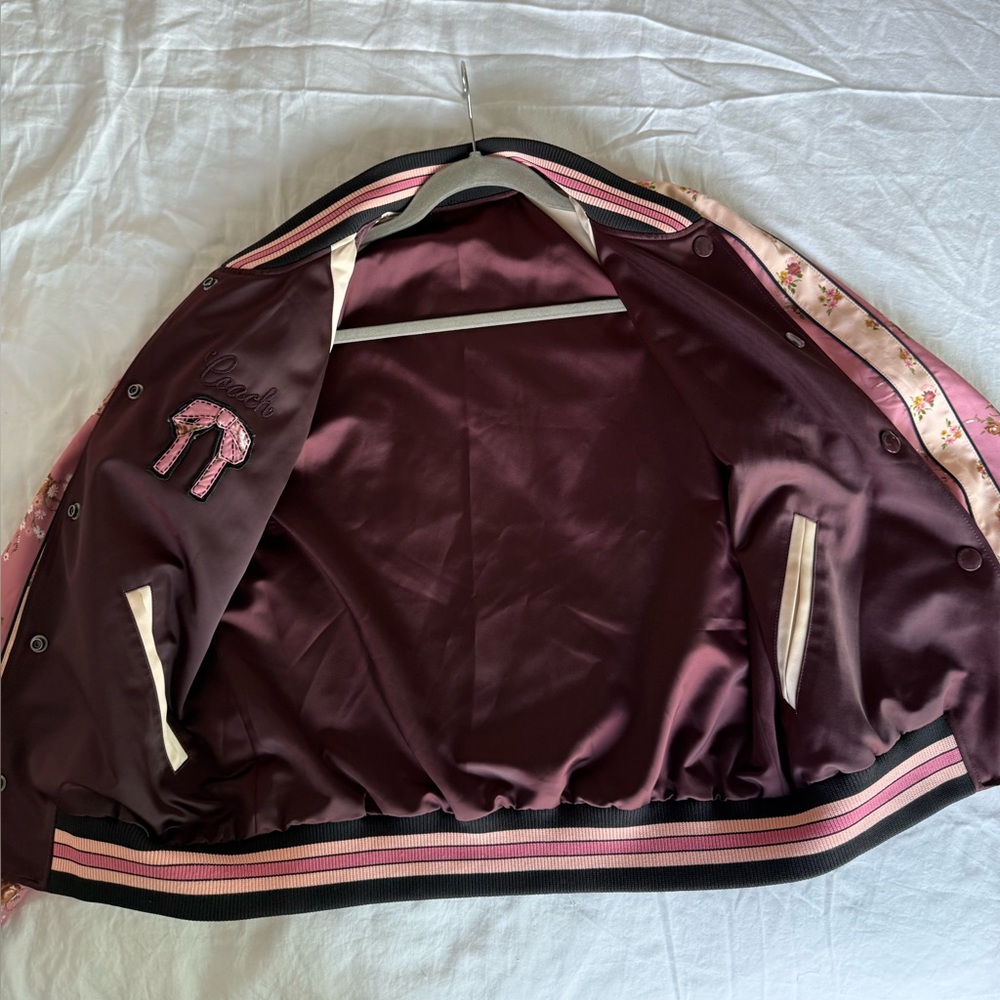 COACH Floral Baseball Bomber Jacket Womens M Romantic Rose Pink Coquette Girl - Picture 5 of 12